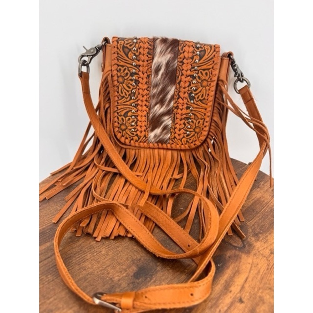 American Darling Tan Tooled Leather Cowhide Fringe Crossbody Purse Western Boho